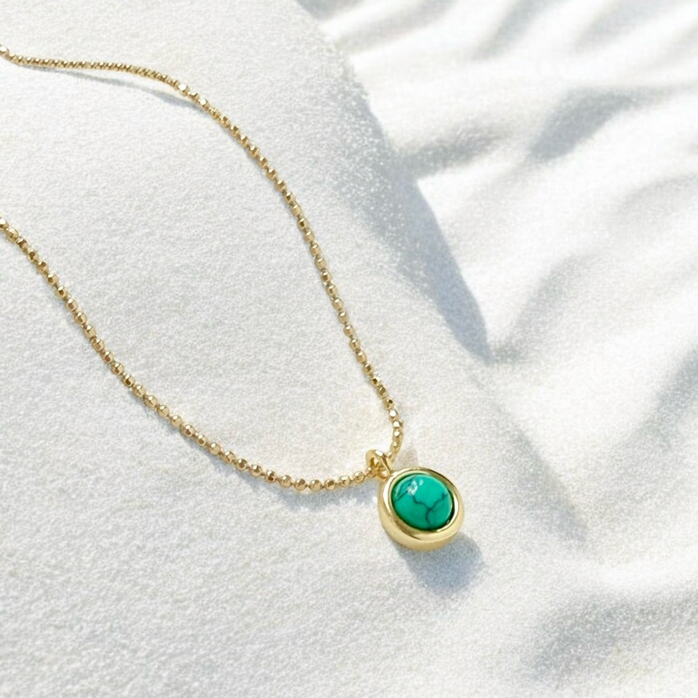 Turquoise Round Pendant Ball Chain Necklace | 14K Gold Plated | Luxury Jewelry